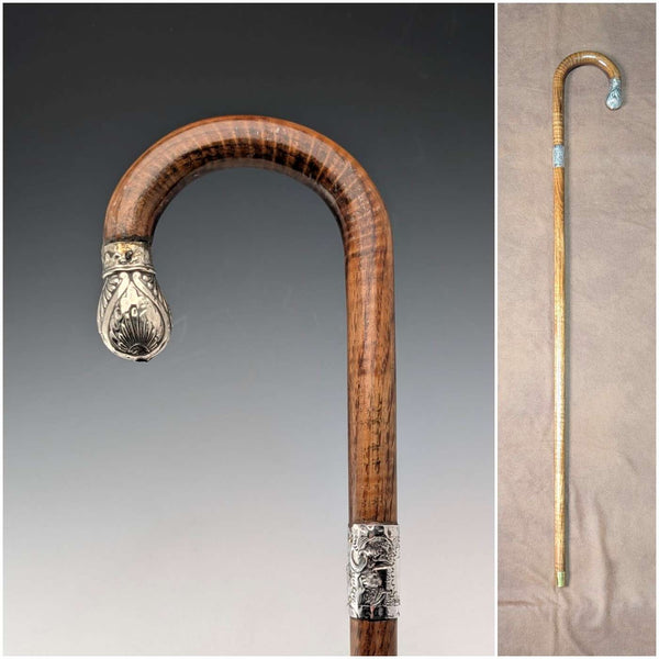 1906年 英国アンティーク ブラウンシャフト 曲がりハンドル 純銀装飾 ステッキ 杖 80cm