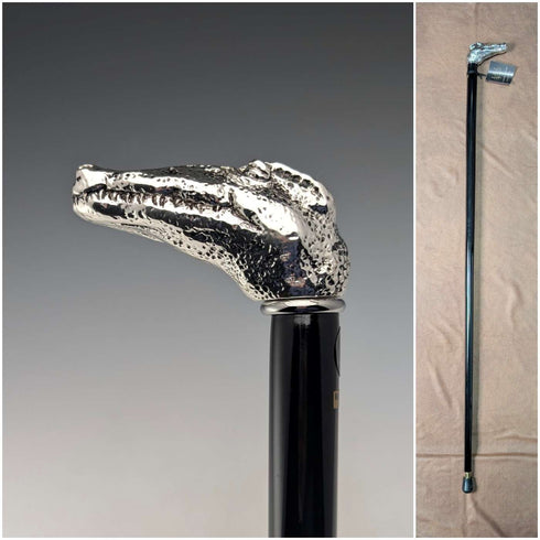 【Nuevo】 Bastón de mando con mango de cabeza de cocodrilo de plata pura, fabricado en Italia, 89 cm