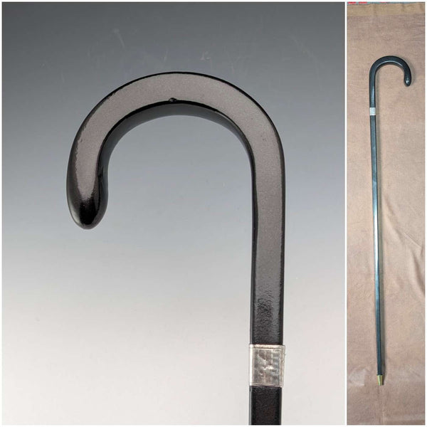 1934 British Vintage Square Shaft, Curved Handle, Sterling Silver Ornamented Walking Stick, 85cm, J Howell & Co.