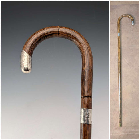 1914 British antique brown shaft, curved handle, pure silver decorated walking stick, 85cm, J Howell & Co.