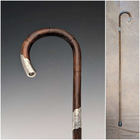 1910年英國古董棕色杖身彎柄純銀裝飾輕便手杖,90厘米