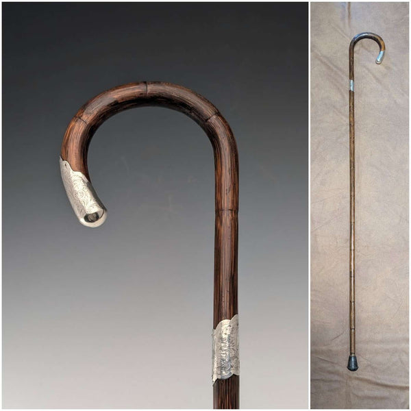 1910年 英国古董 棕色杆 弯柄 纯银装饰 轻便手杖 90cm