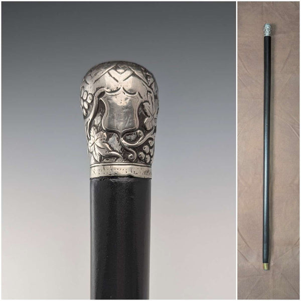 Circa 1900 British antique black shaft sterling silver rondelle handle walking stick 88cm