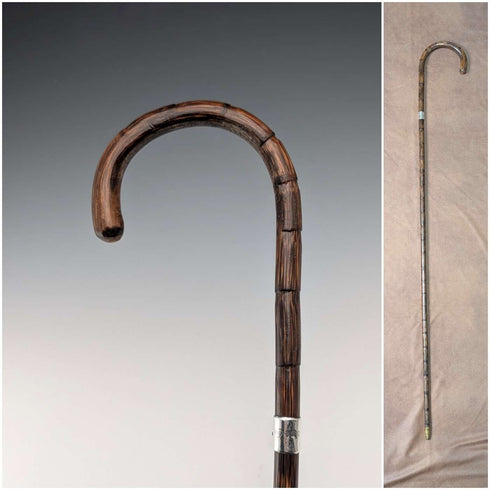 1908年英國古董棕色桿,弧形手柄,純銀裝飾輕便手杖,80厘米