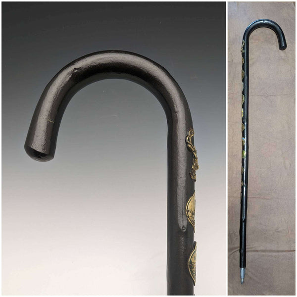 Bastón vintage de caballero, tipo bastón de paseo, con insignia de viaje por Europa y mango curvo, 94 cm