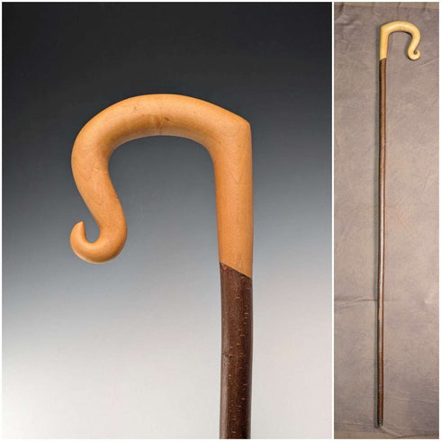 Bastón de pastor vintage con mango curvado grande y vara de avellano, 132 cm