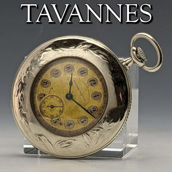 Reloj de bolsillo antiguo Tavan con caja grabada, en buen estado de funcionamiento (ajuste de hora no disponible).