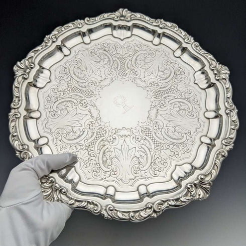 1898 Antigüedad británica, salva de plata esterlina (plata 925) sin patas, 30 cm de diámetro, 670 g, Henry Bourne
