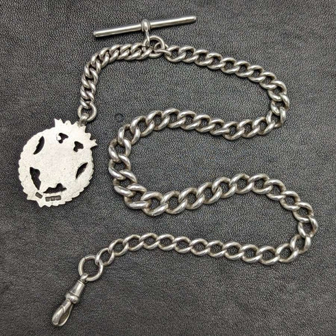 Around 1900 British Antique Pure Silver (925 Silver) Albert Chain 56g Pure Silver Emblem Fob