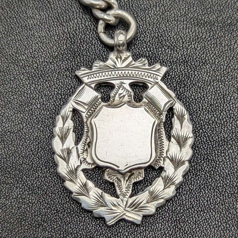 Around 1900 British Antique Pure Silver (925 Silver) Albert Chain 56g Pure Silver Emblem Fob