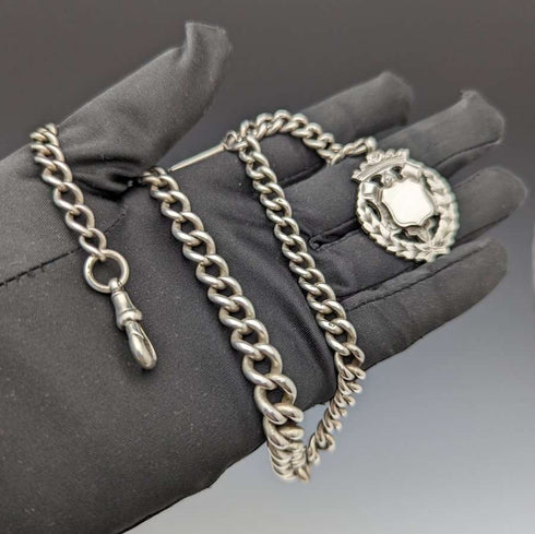 Around 1900 British Antique Pure Silver (925 Silver) Albert Chain 56g Pure Silver Emblem Fob