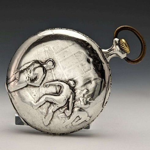 Antique Swiss PRIVILEGE bowling engraving silver side pocket watch in good working order