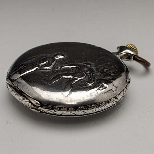 Antique Swiss PRIVILEGE bowling engraving silver side pocket watch in good working order