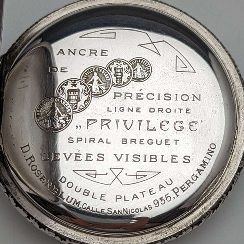Antique Swiss PRIVILEGE bowling engraving silver side pocket watch in good working order
