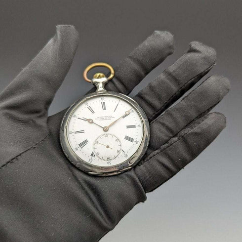 Antique Swiss PRIVILEGE bowling engraving silver side pocket watch in good working order
