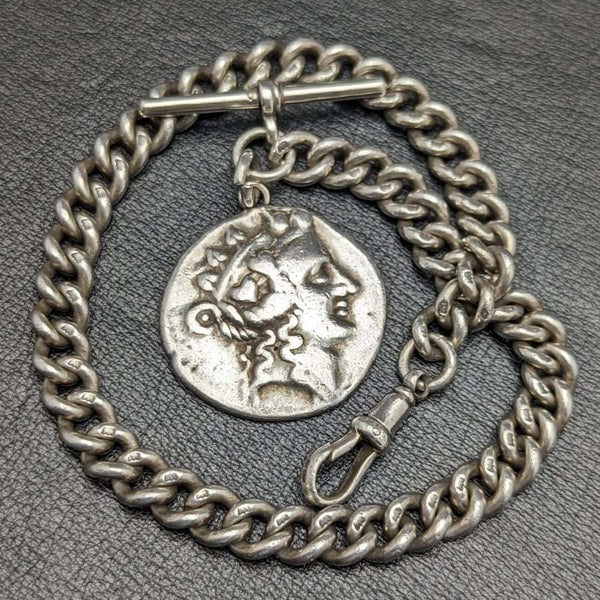 约1900年 英国古董纯银(925银)阿尔伯特链 62克 罗马银币坠饰