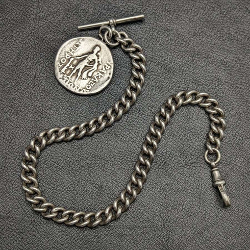 Cadena Albert de plata esterlina (plata 925) antigua inglesa, hacia 1900, 62 g, con colgante de moneda romana de plata