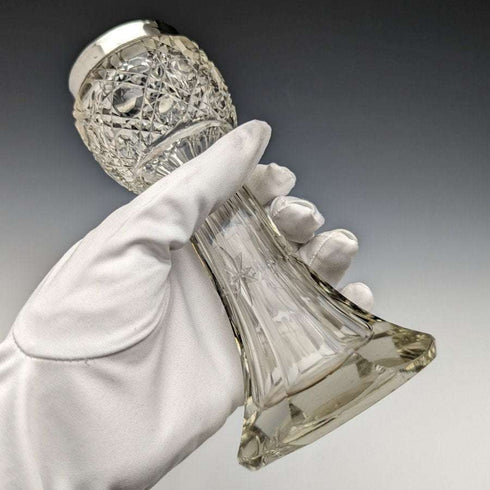 1910 British antique sterling silver decorated cut glass vase 383g CC May & Sons