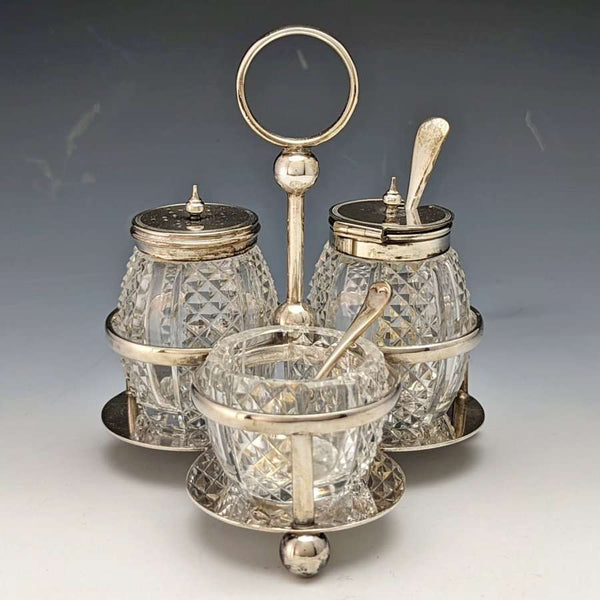 Juego de condimentos de plata esterlina y cristal tallado, antigüedades británicas de alrededor de 1902, 366 g, ELKINGTON & Co