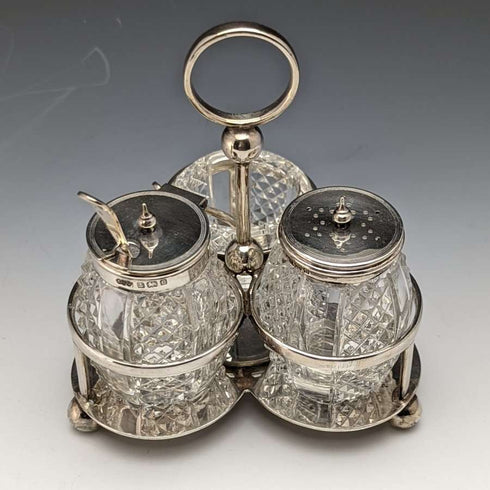 1902年頃 英国アンティーク 純銀&カットグラス 調味料入れセット 366g ELKINGTON & Co