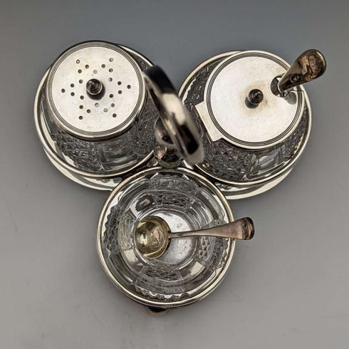 1902年頃 英国アンティーク 純銀&カットグラス 調味料入れセット 366g ELKINGTON & Co