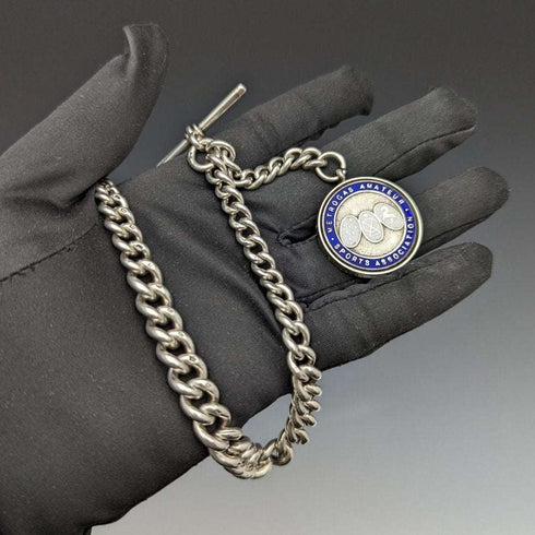 1920年代 英国アンティーク 極太 純銀(925シルバー)アルバートチェーン 75g メダルフォブ
