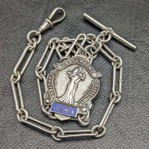 Around 1920 British Antique Pure Silver (925 Silver) Albert Chain 37g Medal Fob