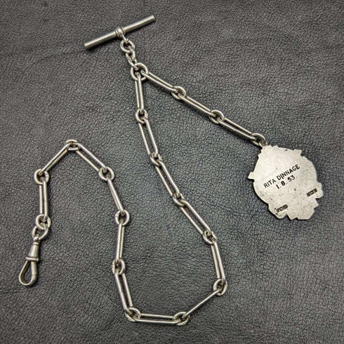 Around 1920 British Antique Pure Silver (925 Silver) Albert Chain 37g Medal Fob