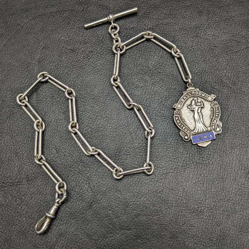 Around 1920 British Antique Pure Silver (925 Silver) Albert Chain 37g Medal Fob