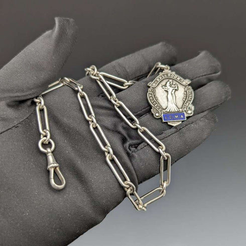 Around 1920 British Antique Pure Silver (925 Silver) Albert Chain 37g Medal Fob