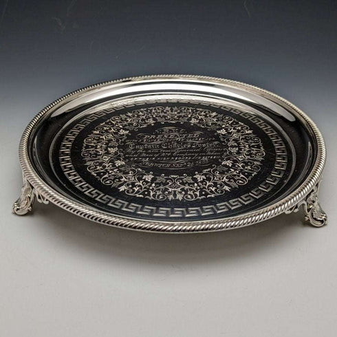 1863 British Antique Pure Silver (925 Silver) Salva Diameter 21cm 350g Hawkesworth Eyre