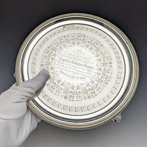 1863 British Antique Pure Silver (925 Silver) Salva Diameter 21cm 350g Hawkesworth Eyre