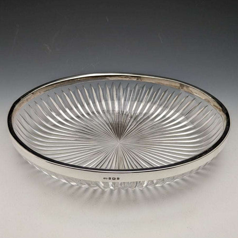 Cuenco de cristal tallado grande con decoración de plata de ley, antigüedades británicas de 1909, 1265g, Henry Manton