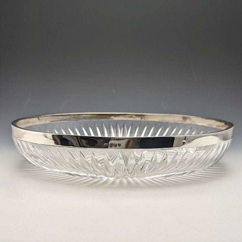 Cuenco de cristal tallado grande con decoración de plata de ley, antigüedades británicas de 1909, 1265g, Henry Manton