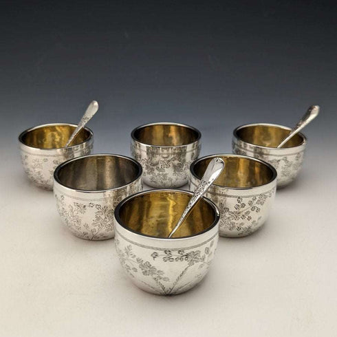 1884年 英国古董 纯银(925银)盐碟6个 & 银勺3个套装 总重184g Wakely & Wheeler
