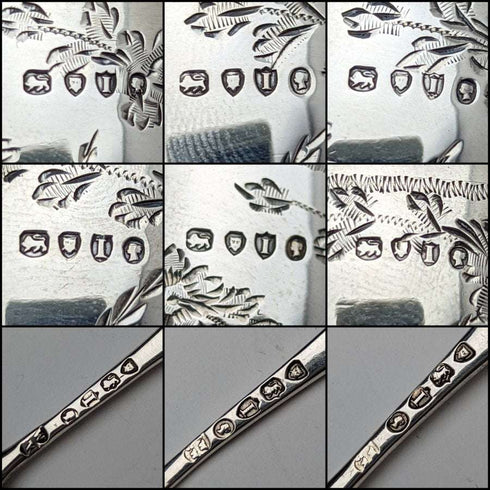 1884年 英国古董 纯银(925银)盐碟6个 & 银勺3个套装 总重184g Wakely & Wheeler