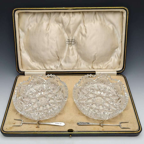 1925年 英国古董切割玻璃碗一对 纯银叉套装 带盒 Adie Brothers