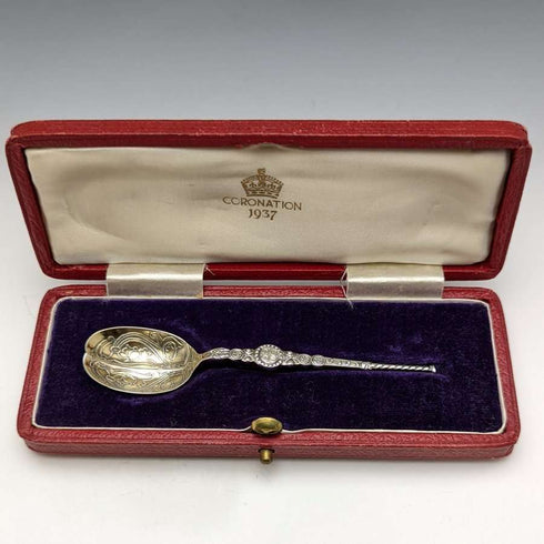 Cuchara de unción vintage británica de 1936, plata de ley (925), de Roberts & Belk, en su estuche original.