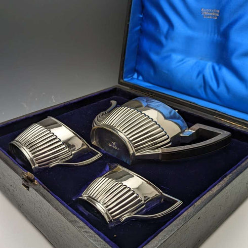 Late 19th Century English Antique Silver Plated Bachelor Teapot Set of 3 in Roberts & Belk Case