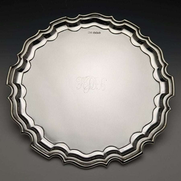 Bandeja vintage de plata de ley (925) de 1929, Reino Unido, 26 cm de diámetro, 521 g, Walker & Hall