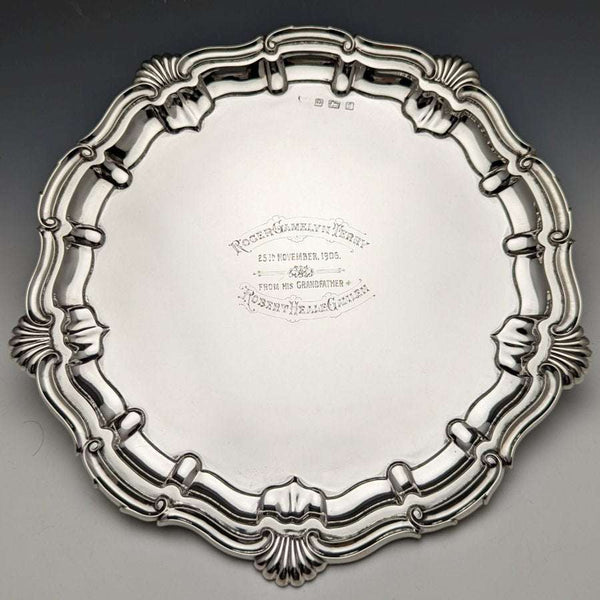 Bandeja para tarjetas de plata de ley (plata 925) antigua inglesa de 1905, 25,5 cm de diámetro, 397 g