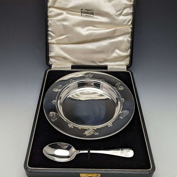 1940년경 영국 빈티지 순은 디쉬 & 스푼, 지름 17.5cm, 총 245g, Finningans 케이스 포함