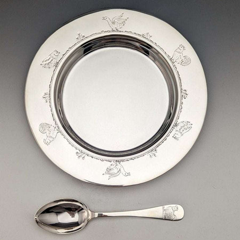 1940年頃 英国ヴィンテージ 純銀製ディッシュ&スプーン 直径17.5cm 計245g Finningans ケース入り