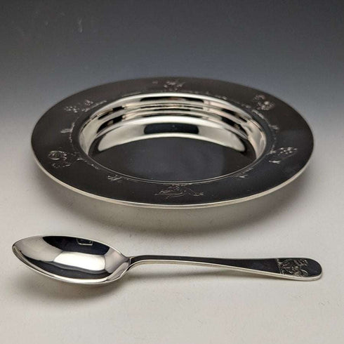1940年頃 英国ヴィンテージ 純銀製ディッシュ&スプーン 直径17.5cm 計245g Finningans ケース入り
