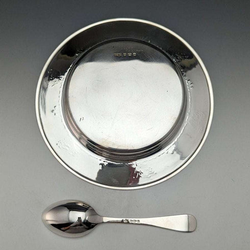 1940年頃 英国ヴィンテージ 純銀製ディッシュ&スプーン 直径17.5cm 計245g Finningans ケース入り