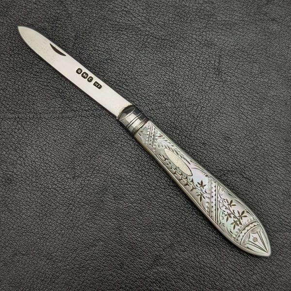 Navaja plegable antigua inglesa de 1895, mango de nácar y hoja de plata esterlina, Mappin Brothers
