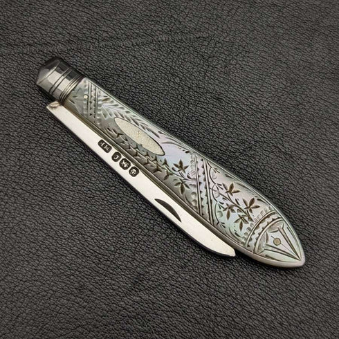 1895년 영국 앤틱 자개 핸들 순은 블레이드 접이식 펜나이프 Mappin Brothers