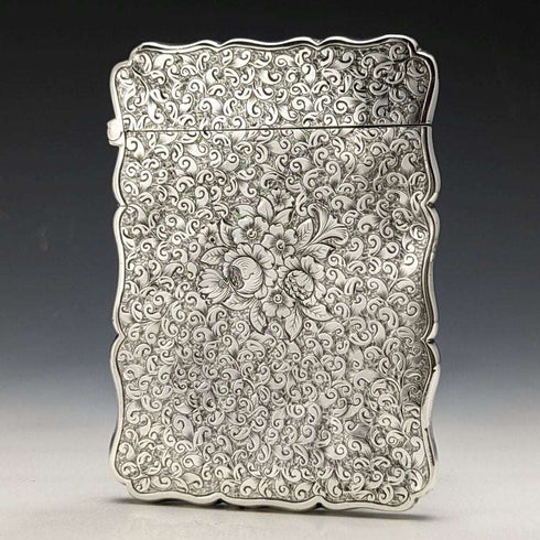 1884 British Antique Pure Silver (925 Silver) Floral Engraving Card Case 68g George Unite