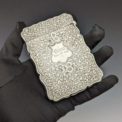 1884 British Antique Pure Silver (925 Silver) Floral Engraving Card Case 68g George Unite