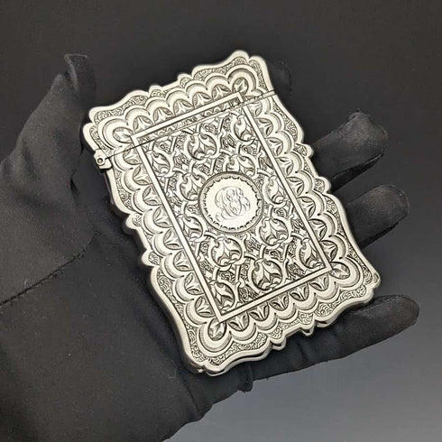 Estuche para tarjetas de plata de ley (925) antigua inglesa, 1870, 60 g, Frederick Marson